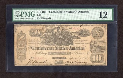 1861 $10 T-29 Estados Confederados de América - PMG 12 Foto 1 de 2