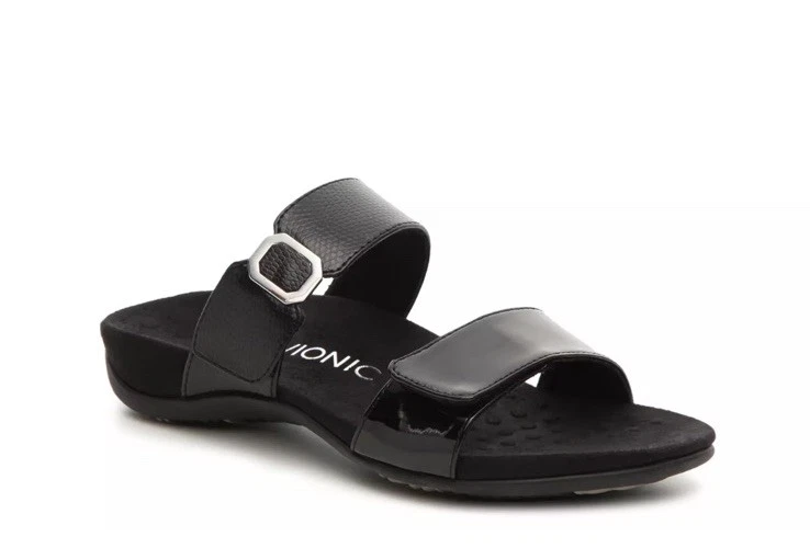 Sandalia sin cordones Vionic para mujer Camila doble correa negra charol talla 9 Foto 1 de 4