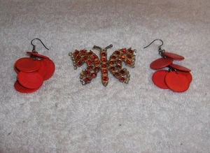 Vintage Costume Orange Rhinestone Butterfly Pin  & Dangle Post Earrings - Picture 1 of 1