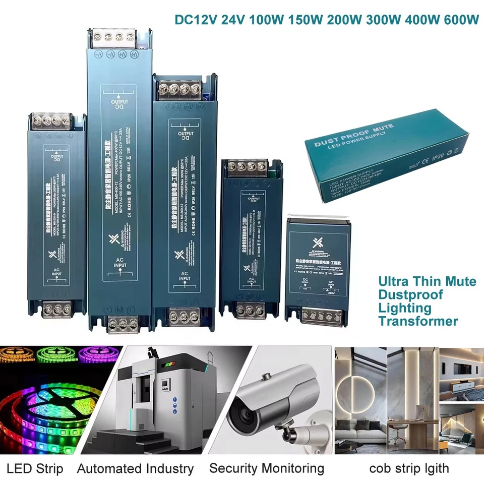 LED Driver 12/24V 100W 200W 300W 400W Power Supply AC85-265V Ultra Thin Lighting - image 1 of 4