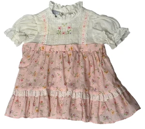 VTG Polly Flinders Dress Baby 12M Pink White Floral Hand Smocked Puff Eyelet - Picture 1 of 12