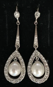 Vintage Edwardian Style Silver/9ct Pearl Drop Paste Wedding Earrings - Picture 1 of 4