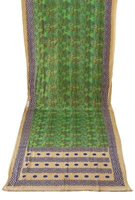 Tela artesanal floral estampada de seda pura india verde beige vintage sari Foto 1 de 4