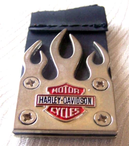 Harley-Davidson 2 Sided Flame Bar & Shield Metal Logo on Leather Backing - Picture 1 of 4