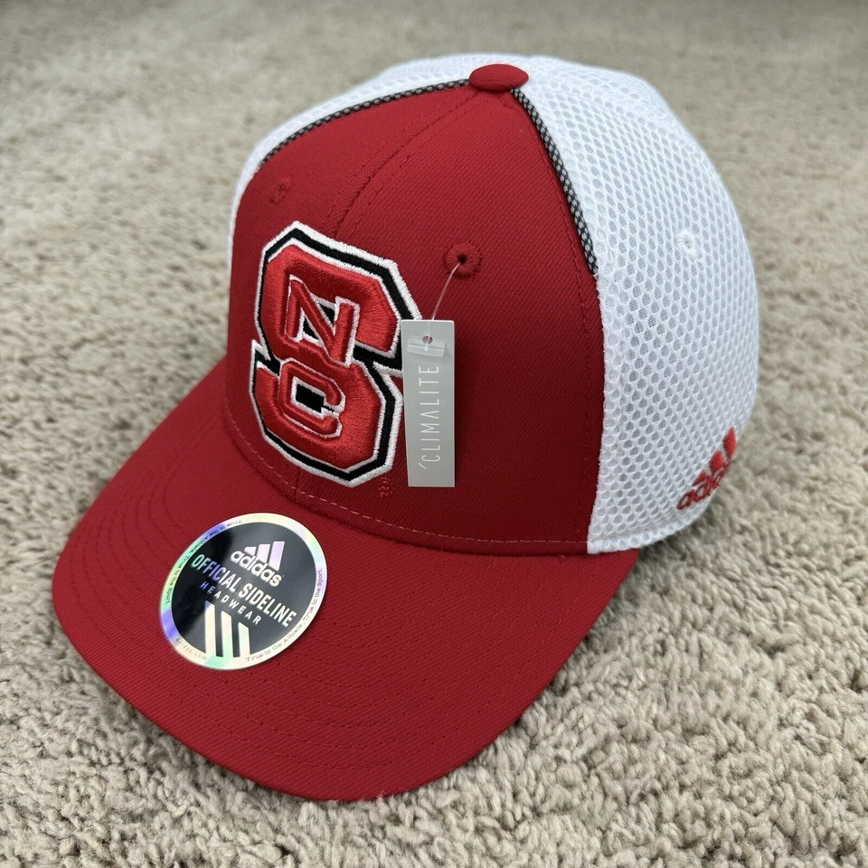 NC State Wolfpack Hat Adidas Red Strapback White Mesh 3D Team Logo Sideline Cap