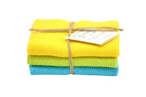 Solwang '3 Stück gestrickte Wischtücher' Gelb/Lime/Türkis Kombi BIO, 25x25cm - Picture 1 of 1