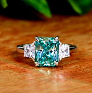 2,74 quilates moissanita azul verde corte radiante, anillo de compromiso de 3 piedras, plata 925 - Imagen 1 de 8