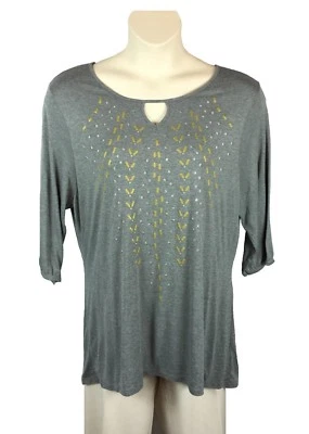 JMS Knit Top Womens Plus Size 2X Gray Keyhole Neck Silver Gold Cotton Blend - Image 1 of 4