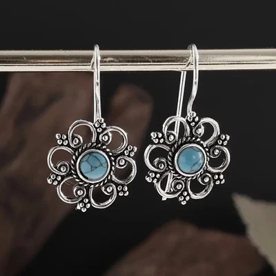 Vintage Style Turquoise Silver Flower Dangle Drop Earrings Elegant Antique Retro - Image 1 of 4