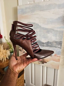 Kenneth Cole Strappy Stiletto Heels | Snakeskin Embossed Detail | Burgundy | - Picture 1 of 20
