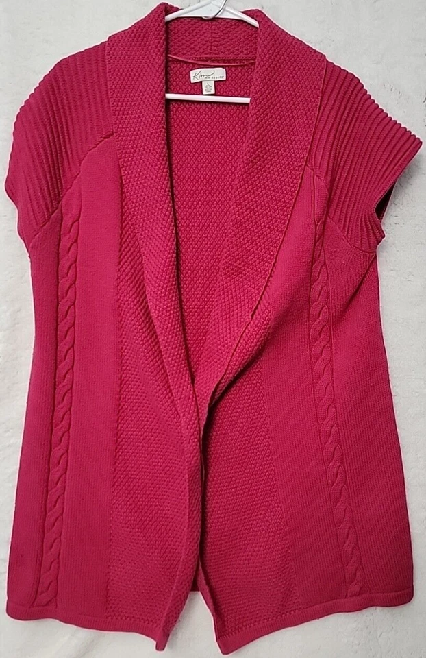 Kim Rogers Red Cable Knit Longline Cardigan Sweater Vest Womens Large Open Front - Image 1 of 4
