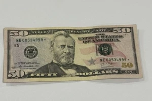 $50 dollar bill *STAR NOTE* Series 2013  Fancy Low S# ME 00534999 * - Picture 1 of 5