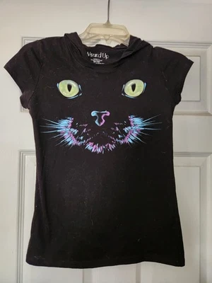 WOUND UP Girls Black Cat Face T-shirt hoodie SIZE XS - Image 1 of 2