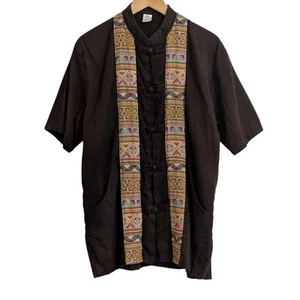 Thai Hemd Herren Leinen Large Braun Knopfleiste Kurzarm Stickerei Freizeit - Bild 1 von 8