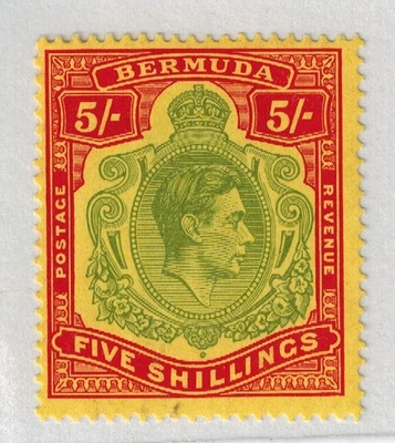 Bermudas 1939 KG VI SG 118a 5/- Verde pálido y rojo sobre amarillo P14 MVLH GEMA RARA Foto 1 de 3