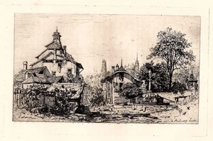 Antike Radierung ""Freiburg, Dorfbrunnen"" von Maxime LALANNE 1868 - Bild 1 von 3