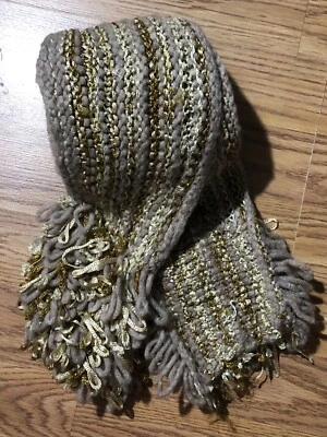 RARE Zene Bosnia Handmade Wool Blend Neck Scarf Metallic Beige & Gold Knit NWOT - Image 1 of 4