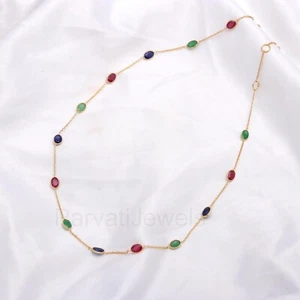 Natural Ruby Emerald Sapphire Gemstone Solid 14k Gold Christmas Women Necklace - Picture 1 of 8