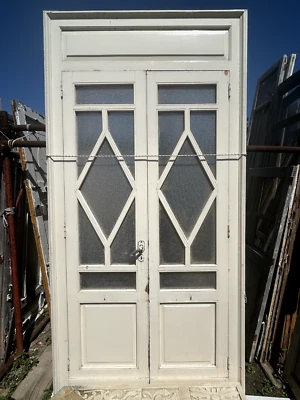 Porta antica anta bianca e telaio doppia con vetro puntinato - 002 - Immagine 1 di 4