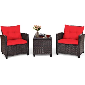 3PCS Patio Rattan Furniture Set Cushioned Conversation Set Sofa Coffee Table Red - Picture 1 of 12