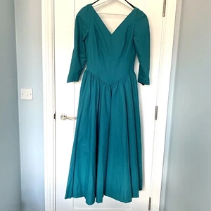 Vintage Laura Ashley 1980s Turquoise Dress 12 Puff Sleeves Bodice Full Net Skirt - Picture 1 of 12