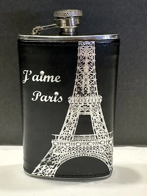 J'aime Paris Stainless Steel Flask Leather Cover Eiffel Tower Rhinestones 5 oz. - Image 1 of 4