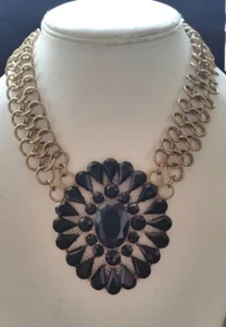 3163 JENNIFIER LOPEZ RETRO BLACK GEMSTONE GOLD TONE PENDANT NECKLACE - Picture 1 of 2