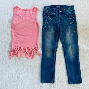 Girl's Outfit size 6 Jordache Bejeweled Distressed Jeans & Tasseled Fringe Tank - Picture 1 of 15