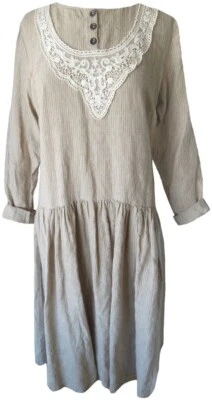 Ewa i Walla Striped Taupe Linen Dress w/ Lace Trim - PRICE REDUCED - Image 1 of 3