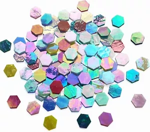 100 Pcs Hexagon Iridescence Stained Glass Pieces Mosaics Tiles for Crafts Bulk, - Picture 1 of 6