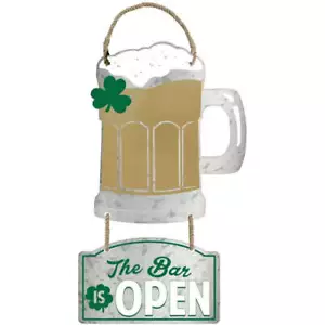 St Patrick's Day The Bar Is Open & Beer Mug Hanging Metal Sign Party Backdrop - Picture 1 of 1