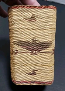 Vtg Rare PNW Salish Native American Square Basket Animal Motif Whale Bird 3x5.5" - Picture 1 of 17