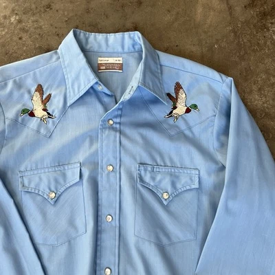 Vintage Sears Western wear pearl snap men’s shirt large tall mallard ducks patch - Image 1 of 4
