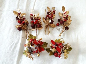 6 Vintage Christmas Floral Picks & Candle Wreaths-Gold Leaves-Shiny Beads - Picture 1 of 4