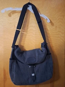 Levenger Gray Canvas & Black Leather Messenger Laptop Crossbody Travel Bag - Picture 1 of 20