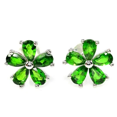 PENDIENTE NATURAL AAA VERDE CROMO DIOPSIDO PERA PLATA ESTERLINA 925 FLOR Foto 1 de 4