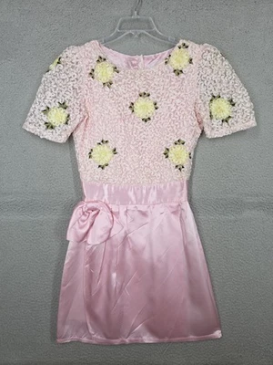 Vestido de Fiesta Vintage Años 80 Rosa Satinado Talla Pequeña Texturizado Floral Corpiño Cóctel  Foto 1 de 4