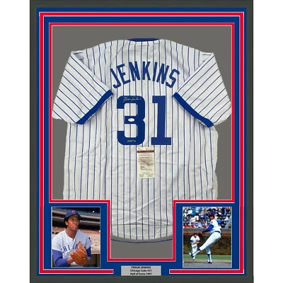 Camiseta deportiva a rayas Ferguson Jenkins 33x42 HOF autografiada/firmada enmarcada certificado de autenticidad JSA Foto 1 de 2