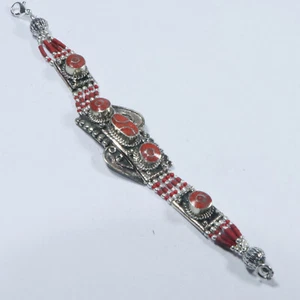 Bracciale Corallo Rosso Dichiarazione Etnica Con Pietre Preziose Perline Gioielli Nepalesi B40 - Foto 1 di 8