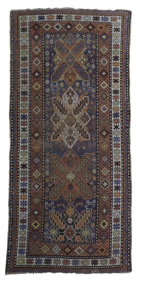 4x8' Rust Antique Russian Kazak Runner Light Blue 23365 - Image 1 of 4