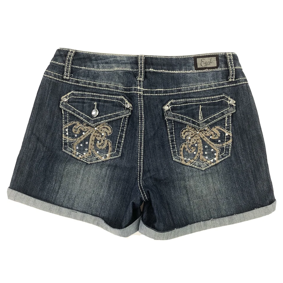 Earl Jean Cuffed Shorts Womens 6 Rhinestones Thick Stitch Blue Flap Pockets W30” - Image 1 of 4