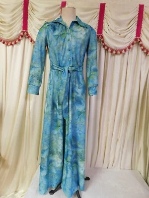 Vestido de azafata Kenny Classics vintage años 70 azul con verde cintura 30" Foto 1 de 4