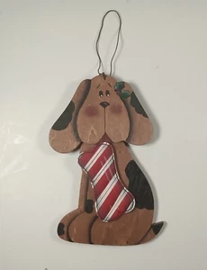 Christmas Hound Dog Peppermint Bone Hanging Wooden 5.75" Ornament Metal Hanger - Picture 1 of 3