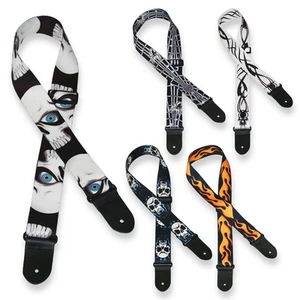 ░▒▓█ ProMont Motiv Gitarrengurt █▓▒░ Bedruckt Flammen Skull schwarz rot Leder - Picture 1 of 5