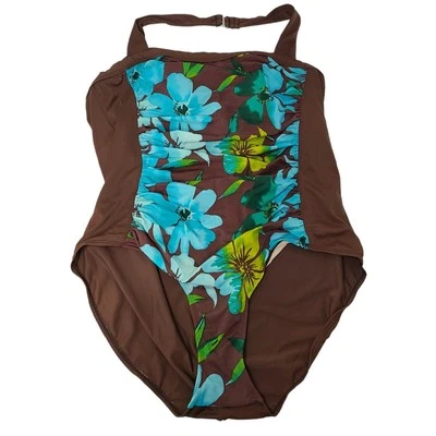 Traje de baño Tropical Escape para mujer talla grande 22W marrón azul floral barriga acanalada Foto 1 de 4