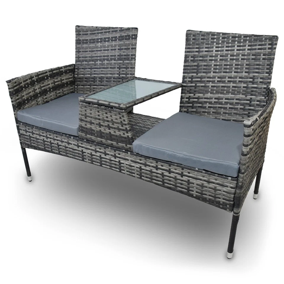 18252/ Rattan Zweisitzer Gartenbank für Terrasse Lounge inkl. Sitzkissen Grau