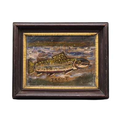 Antigua pintura al óleo sobre tabla de peces trucha de 1908 bajo vidrio Foto 1 de 4