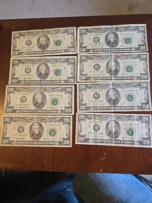 $20 Dollar bills 1990 and 1995 Lot of 8 Old design small face Circulated - Image 1 of 4