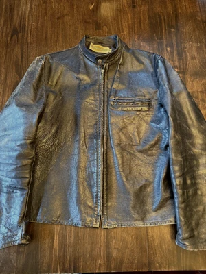 60 年代复古哈雷戴维森黑色皮革咖啡赛车夹克尺寸 44 — 第 1/4 张图片