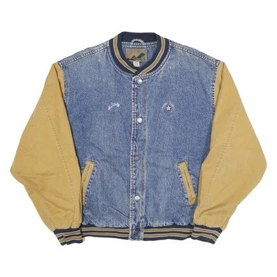 PORT AUTHORITY Mens Blue & Beige Denim Cotton Varsity Jacket L Zip Casual Retro - Image 1 of 4